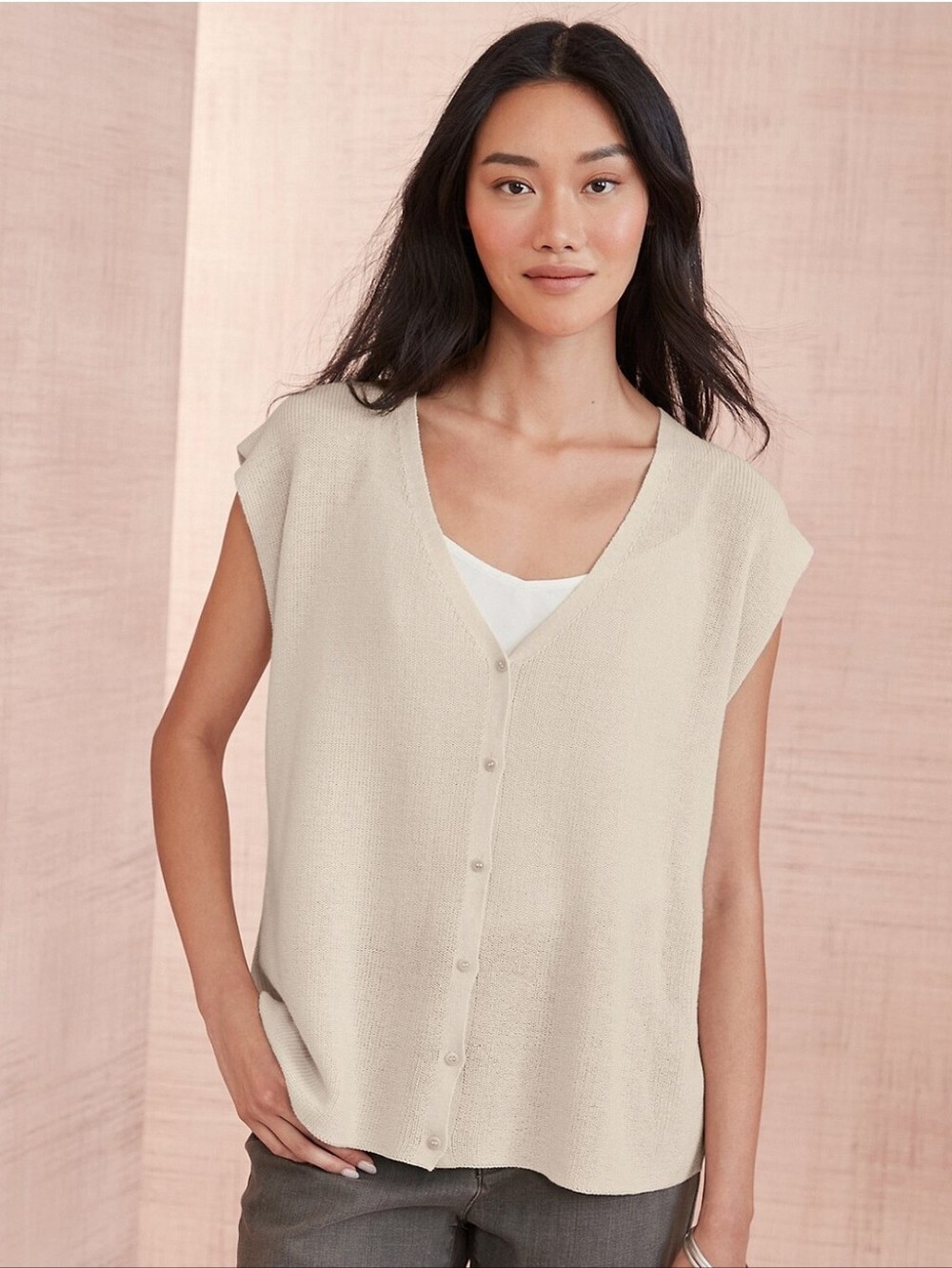 Eileen Fisher Sleeveless Grandpa Cardigan Slouchy Vest Size M Organic Cotton